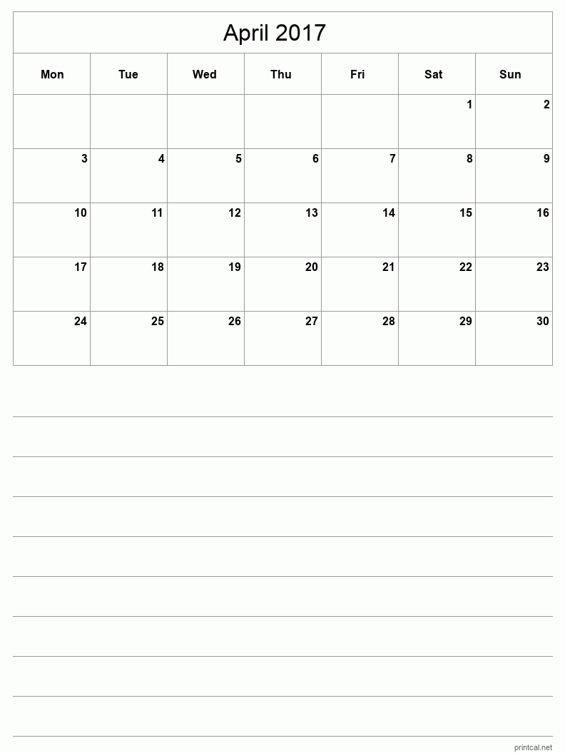 April 2017 Printable Calendar - Half-Page With Notesheet