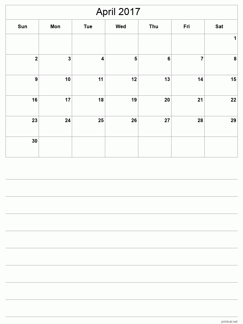 April 2017 Printable Calendar - Half-Page With Notesheet