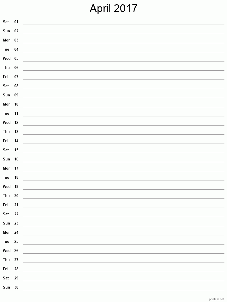 April 2017 Printable Calendar - Single Column Notesheet