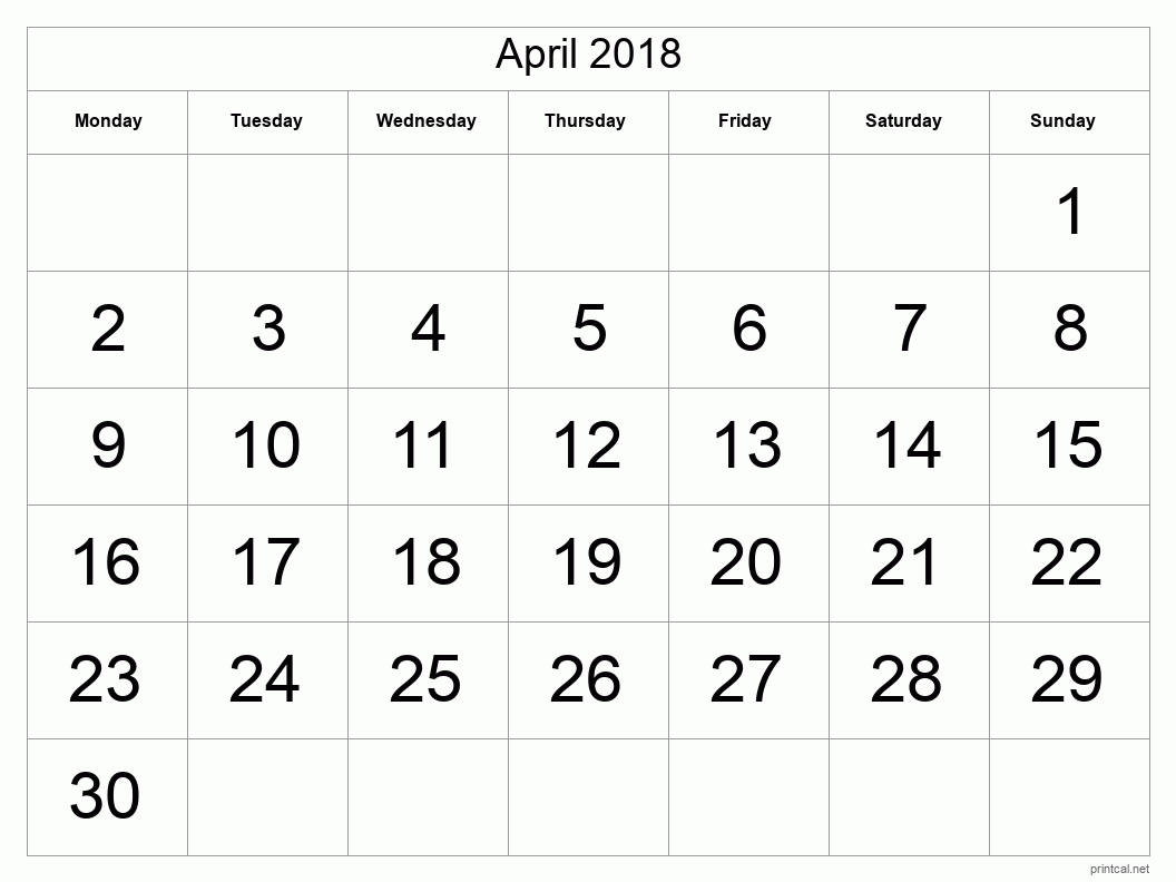 April 2018 Printable Calendar - Big Dates