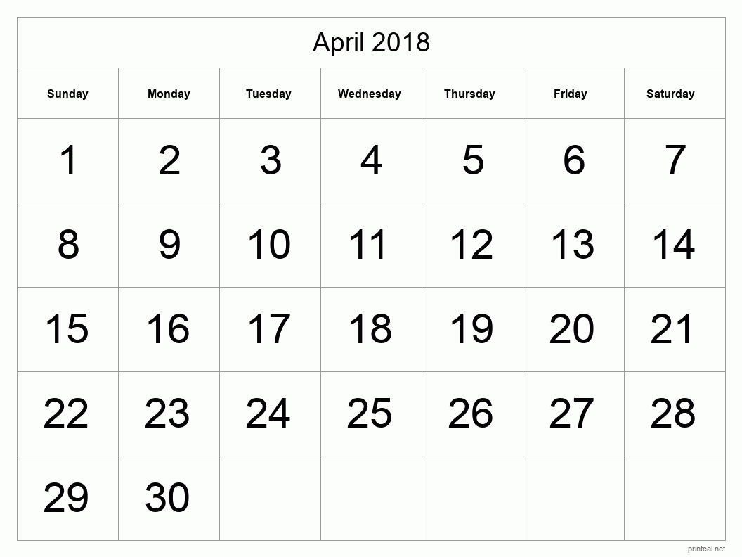 April 2018 Printable Calendar - Big Dates