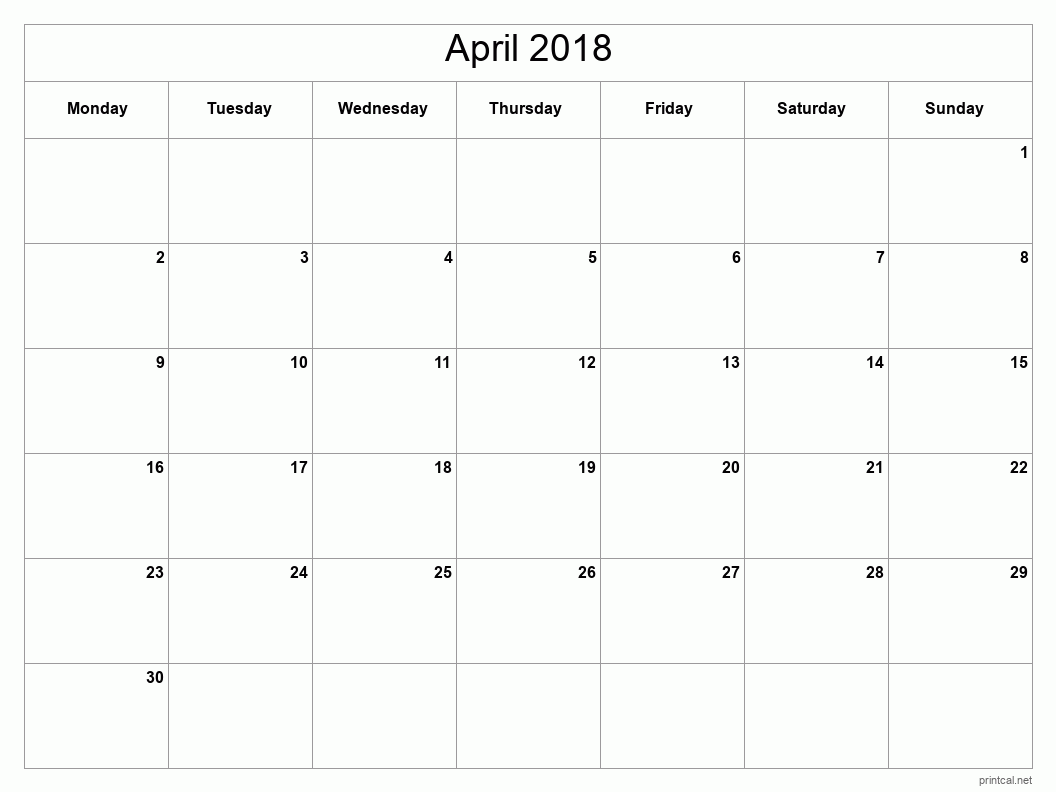 April 2018 Printable Calendar - Classic Blank Sheet