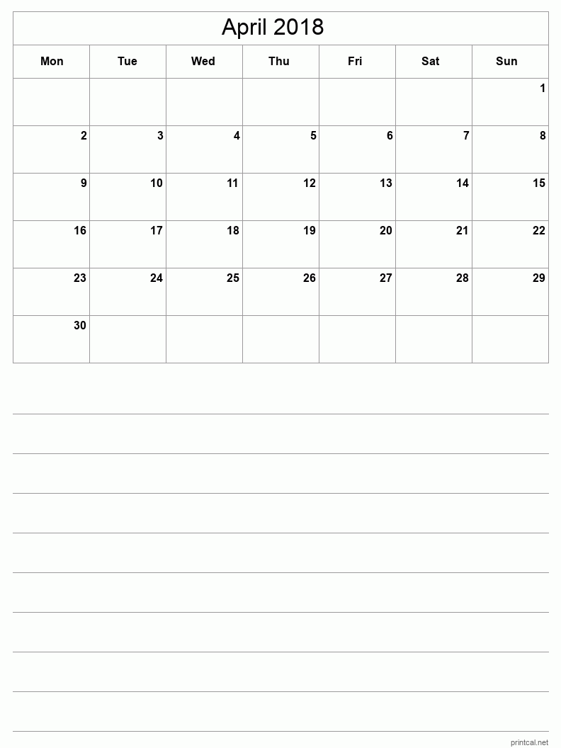 April 2018 Printable Calendar - Half-Page With Notesheet