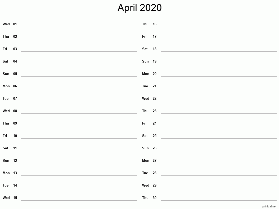 April 2020 Printable Calendar - Two Column Notesheet