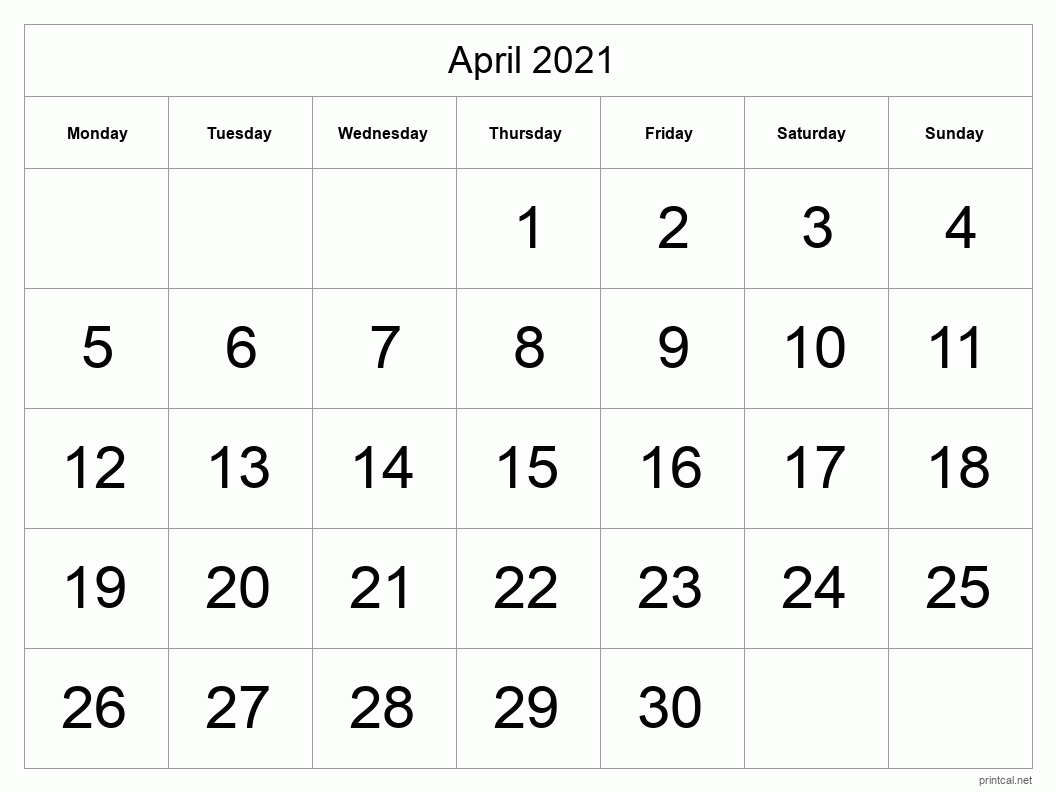 April 2021 Printable Calendar - Big Dates