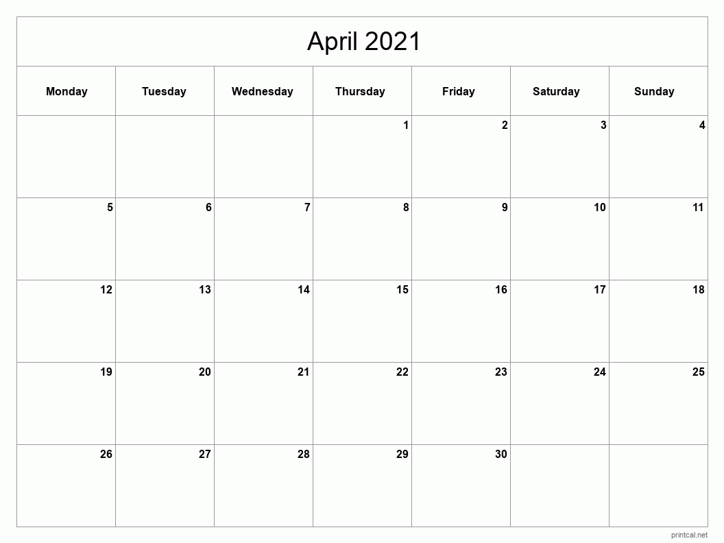 April 2021 Printable Calendar - Classic Blank Sheet