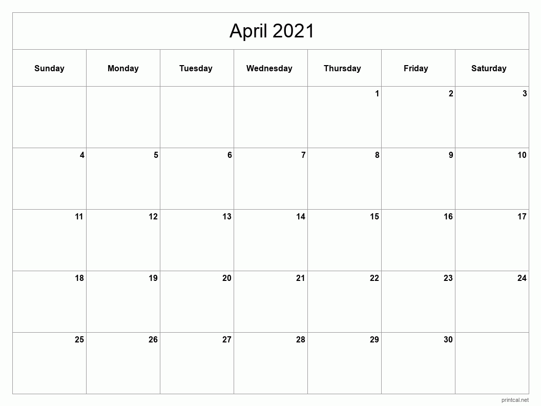 April 2021 Printable Calendar - Classic Blank Sheet