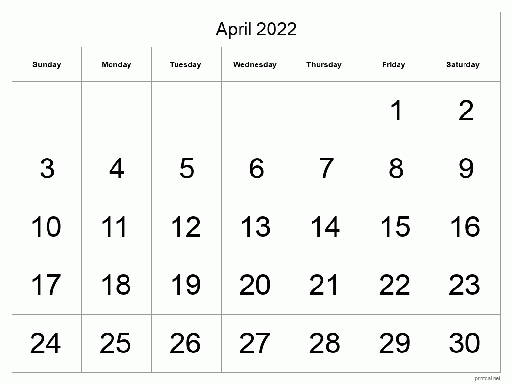 April 2022 Printable Calendar - Big Dates