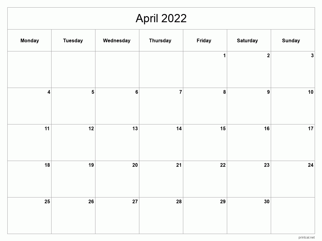 April 2022 Printable Calendar - Classic Blank Sheet