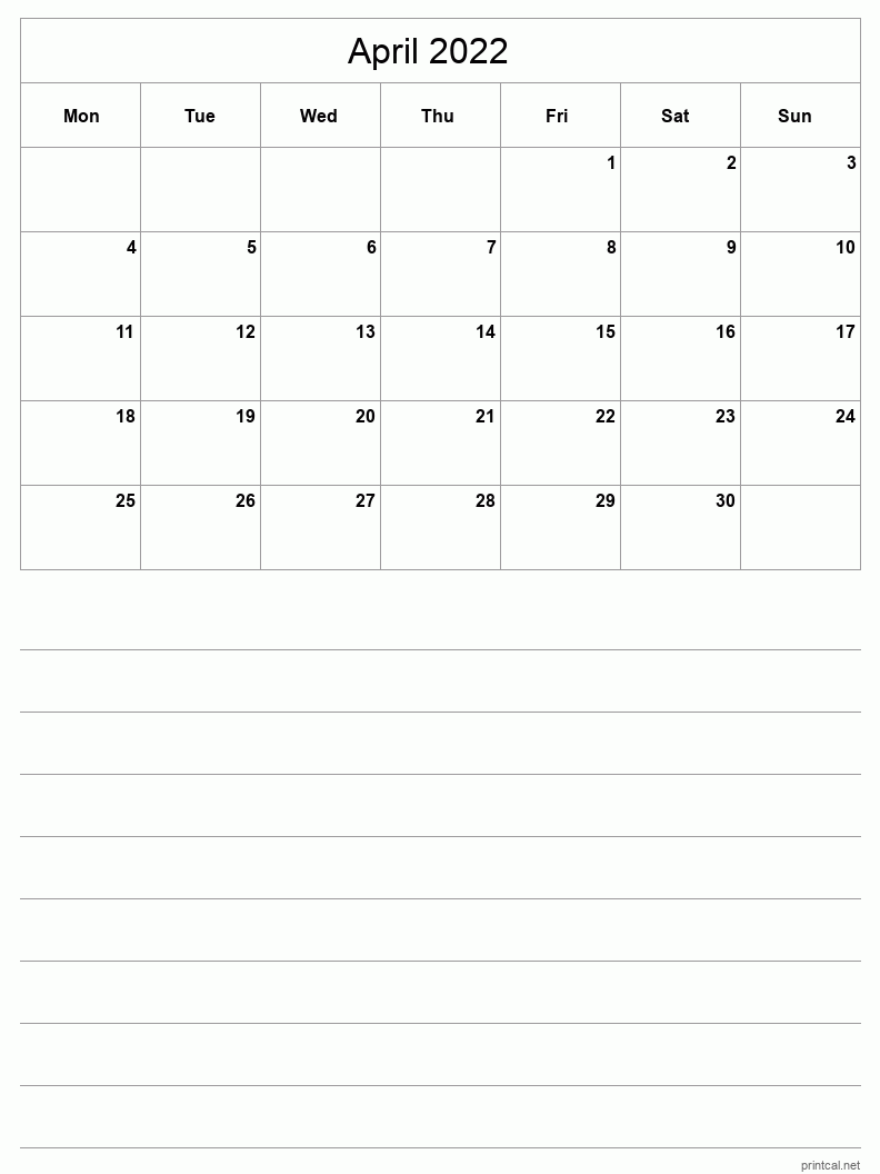 April 2022 Printable Calendar - Half-Page With Notesheet