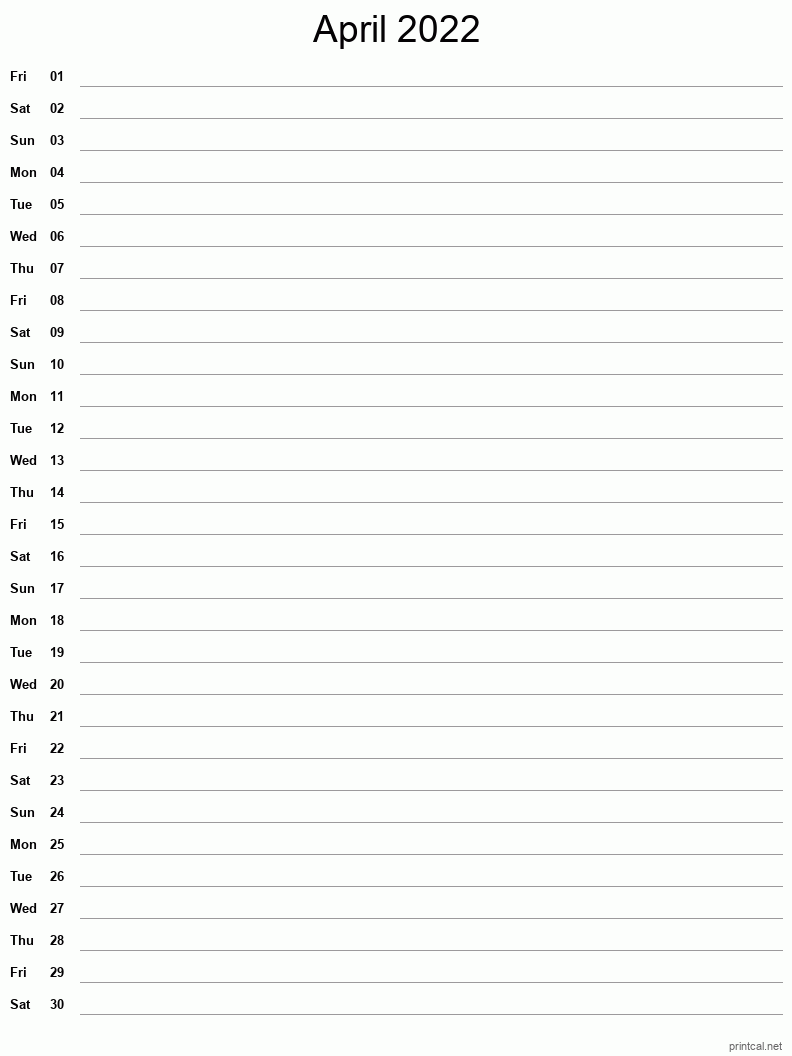 April 2022 Printable Calendar - Single Column Notesheet
