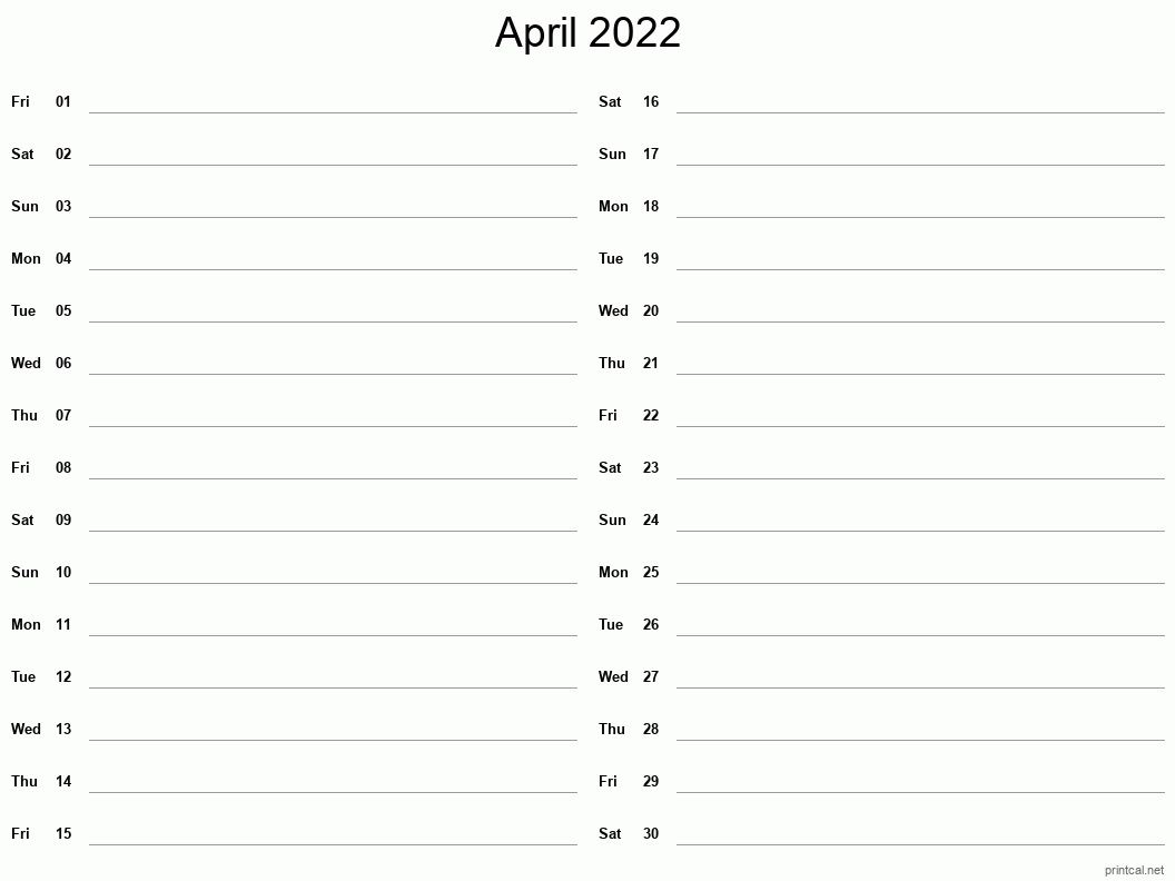 April 2022 Printable Calendar - Two Column Notesheet