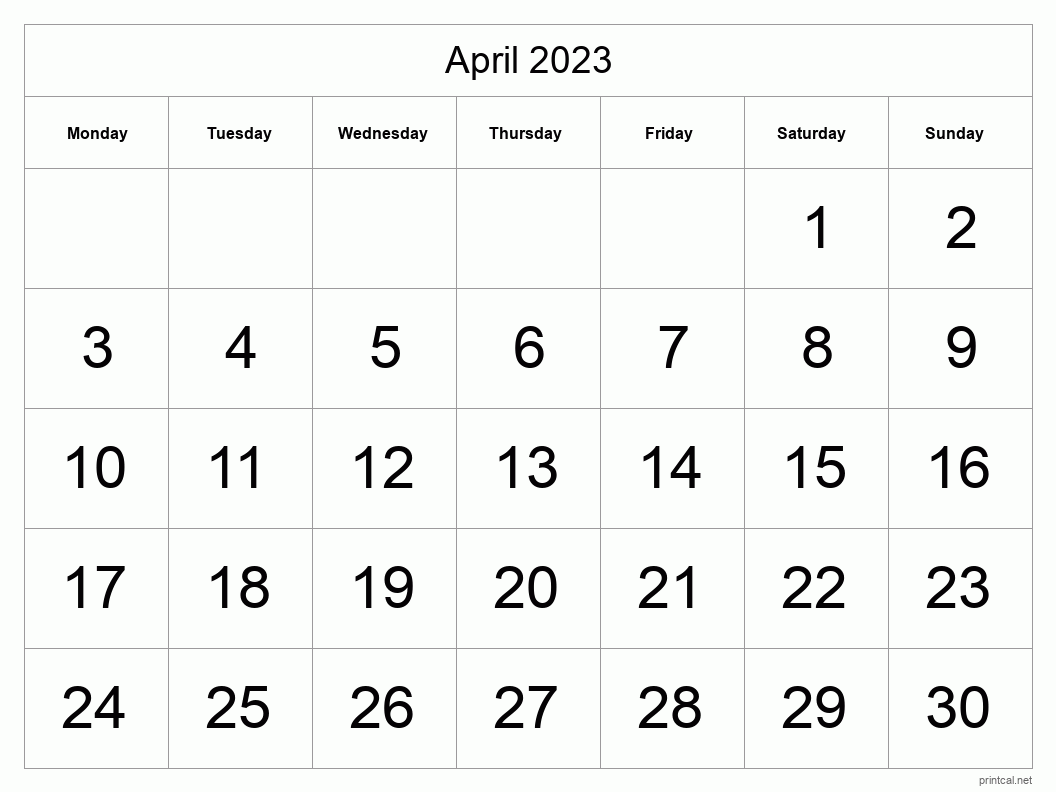 April 2023 Printable Calendar - Big Dates