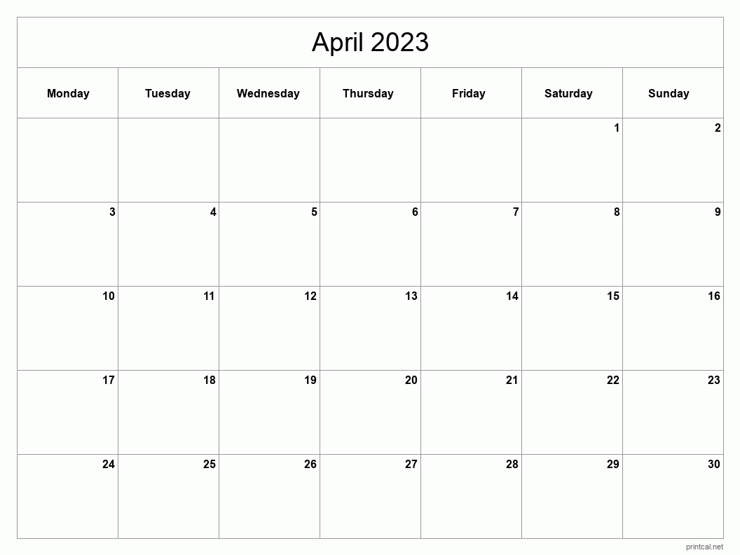 April 2023 Printable Calendar - Classic Blank Sheet