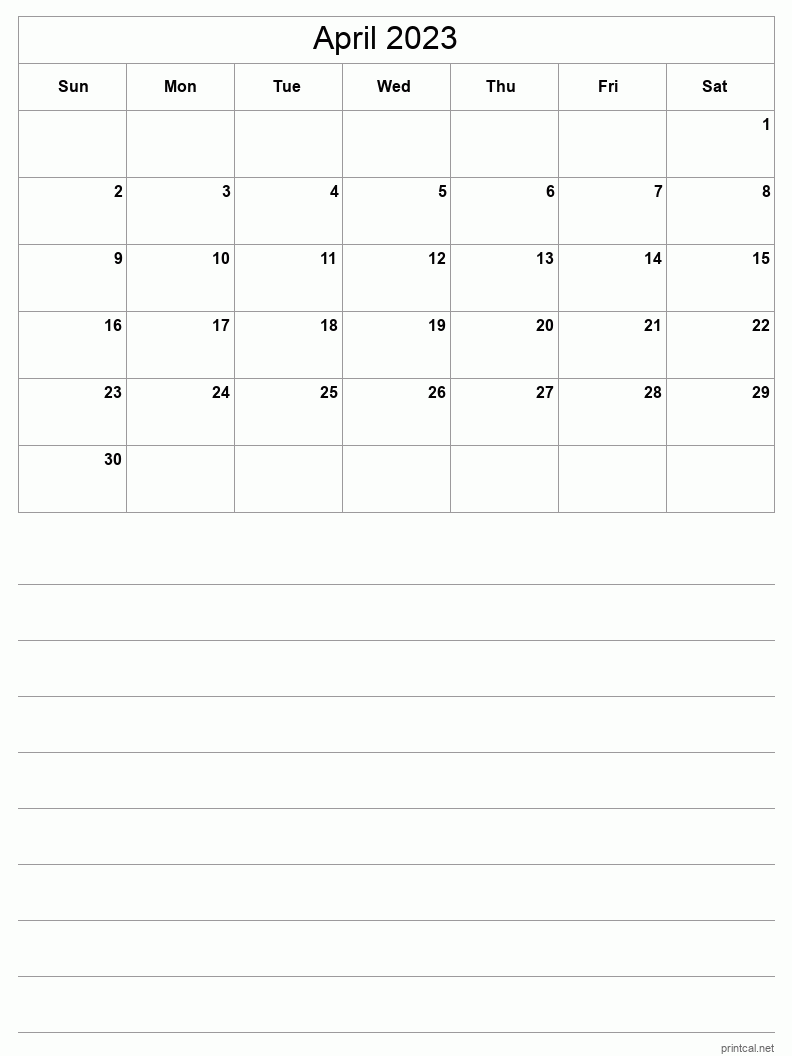 April 2023 Printable Calendar - Half-Page With Notesheet