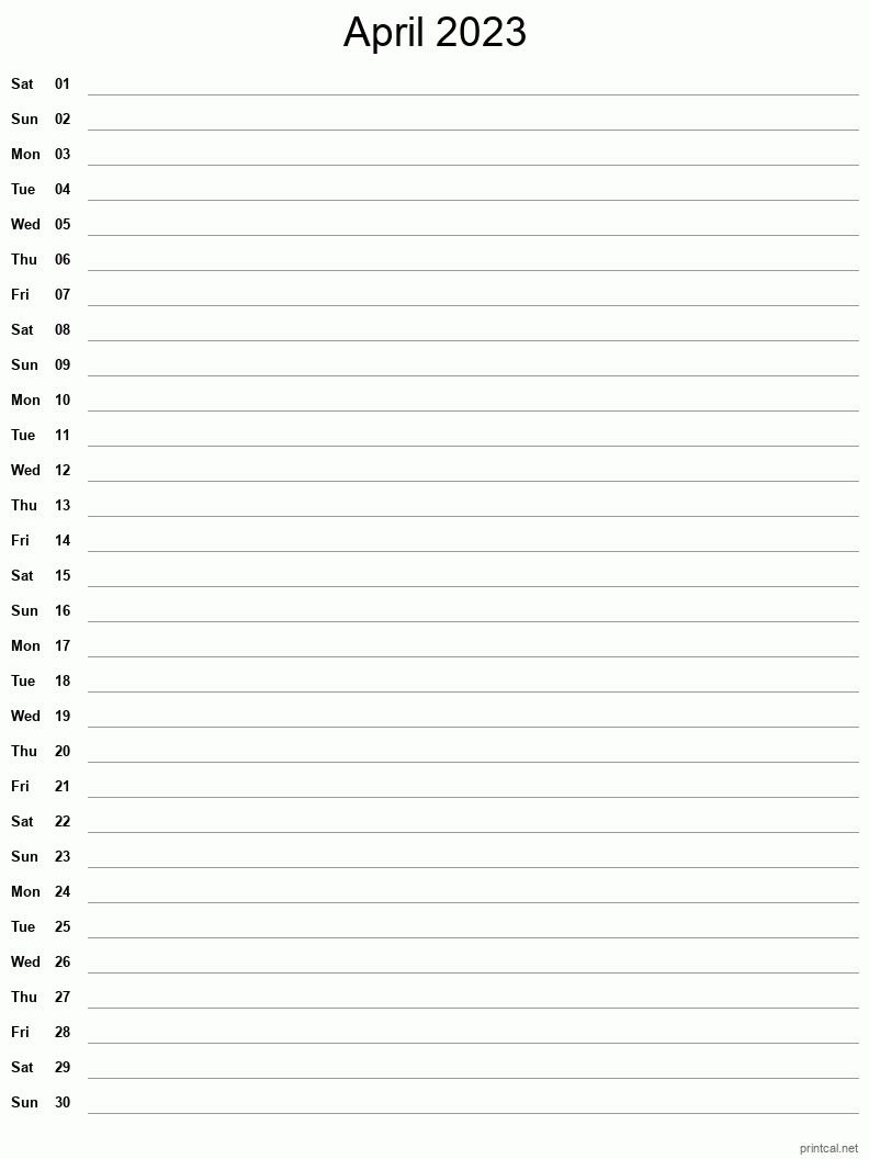 April 2023 Printable Calendar - Single Column Notesheet