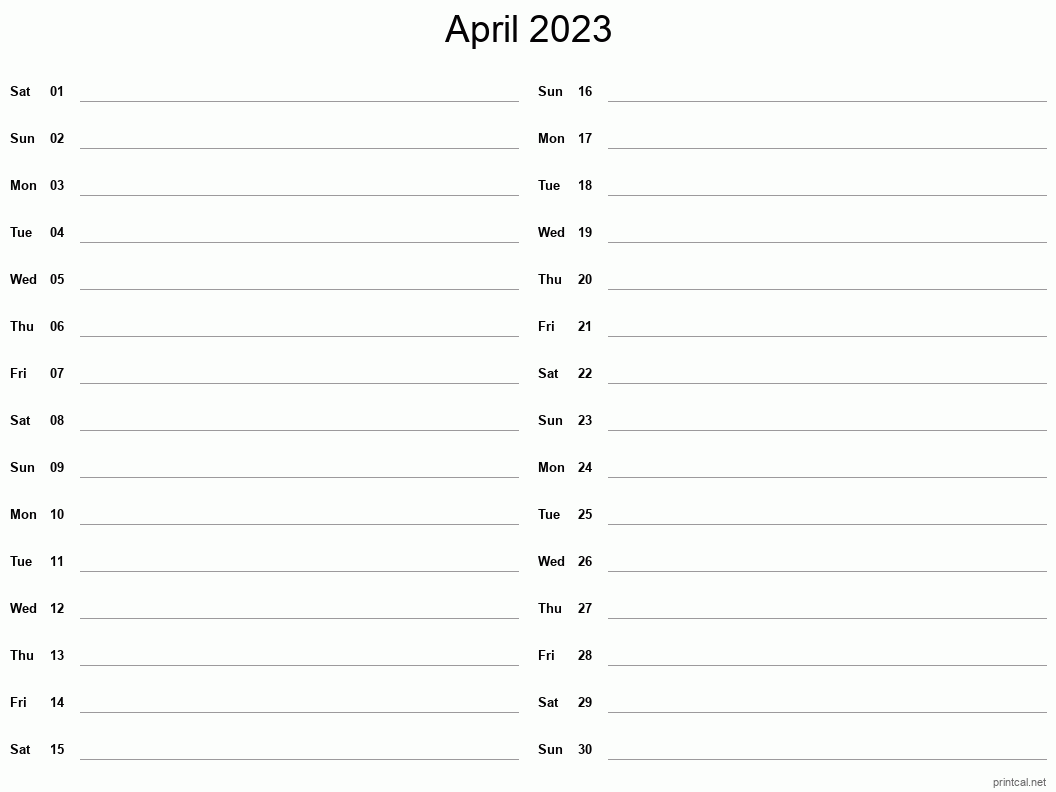 April 2023 Printable Calendar - Two Column Notesheet