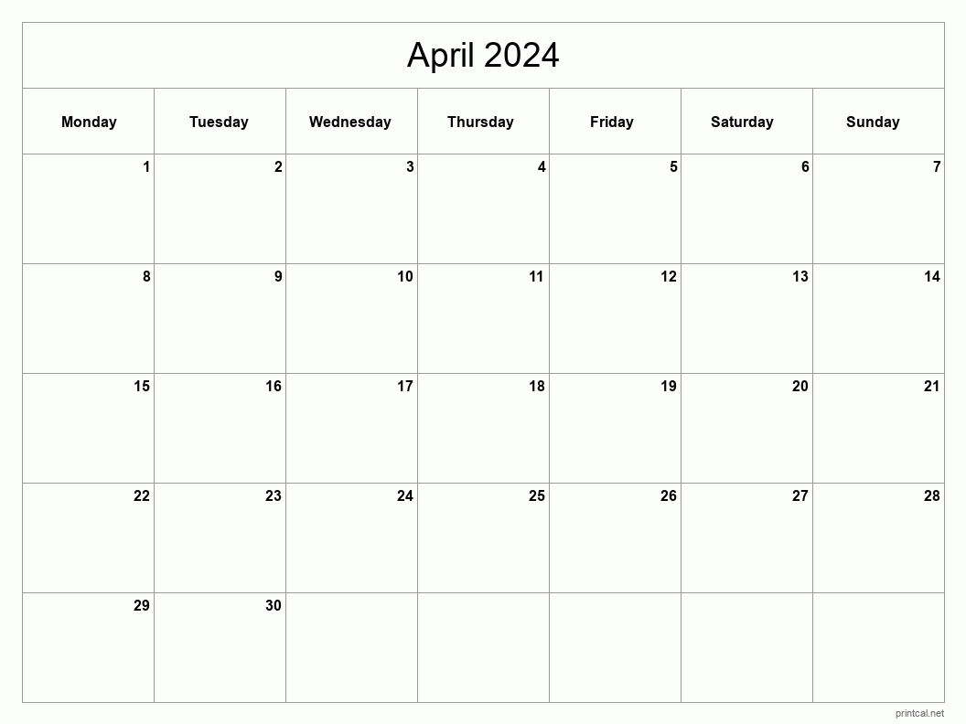 April 2024 Printable Calendar - Classic Blank Sheet
