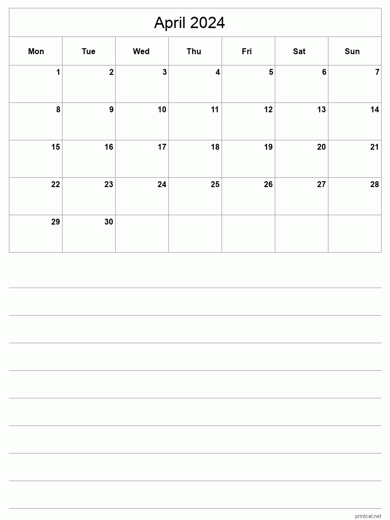 April 2024 Printable Calendar - Half-Page With Notesheet