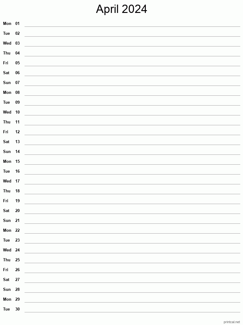 April 2024 Printable Calendar - Single Column Notesheet