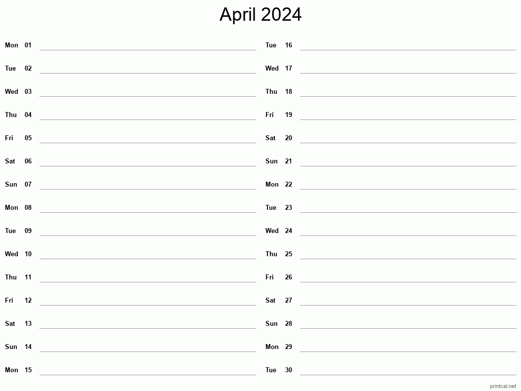 April 2024 Printable Calendar - Two Column Notesheet