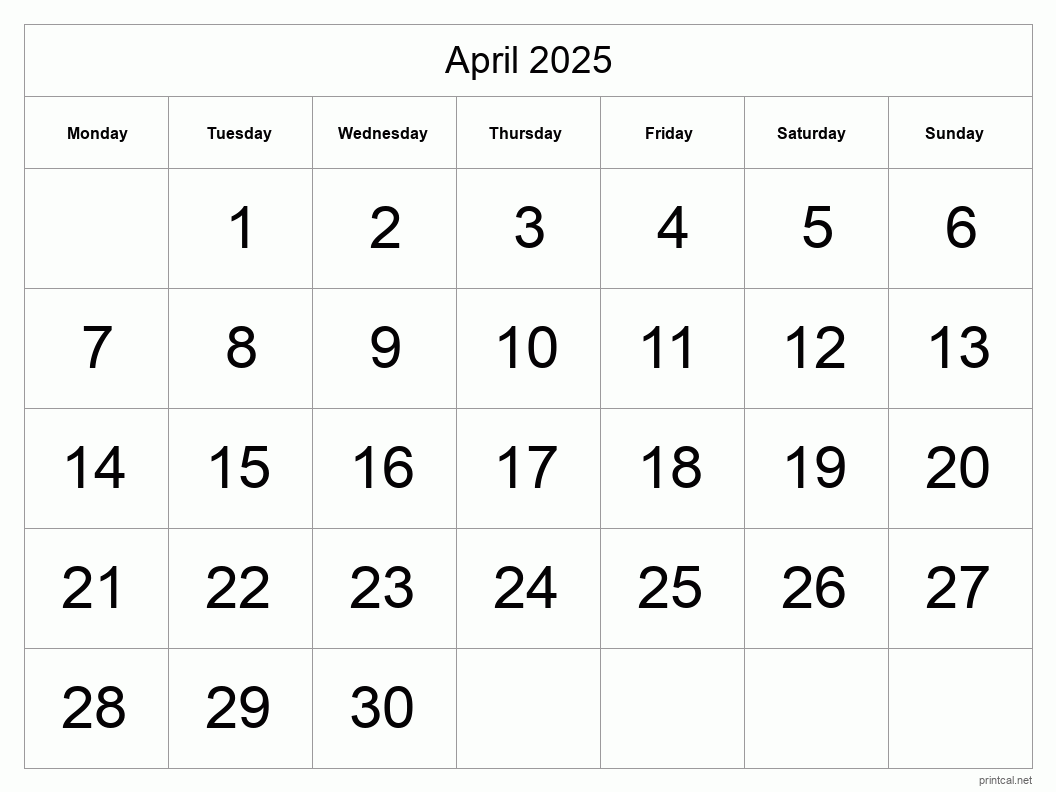 April 2025 Printable Calendar - Big Dates