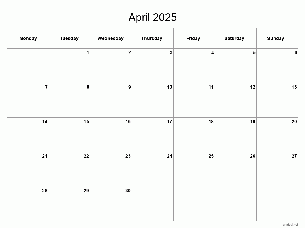 April 2025 Printable Calendar - Classic Blank Sheet