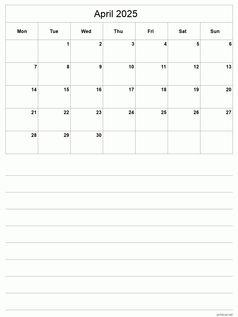 April 2025 Printable Calendar - Half-Page With Notesheet