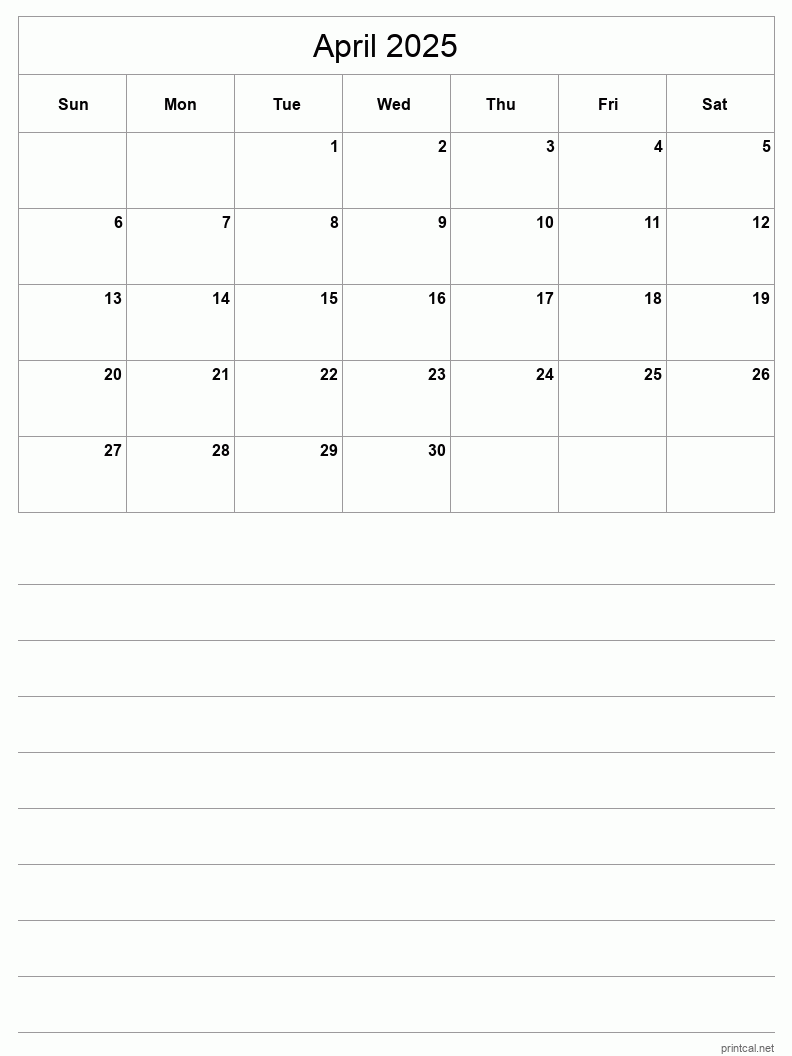 April 2025 Printable Calendar - Half-Page With Notesheet