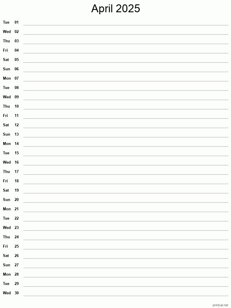 April 2025 Printable Calendar - Single Column Notesheet
