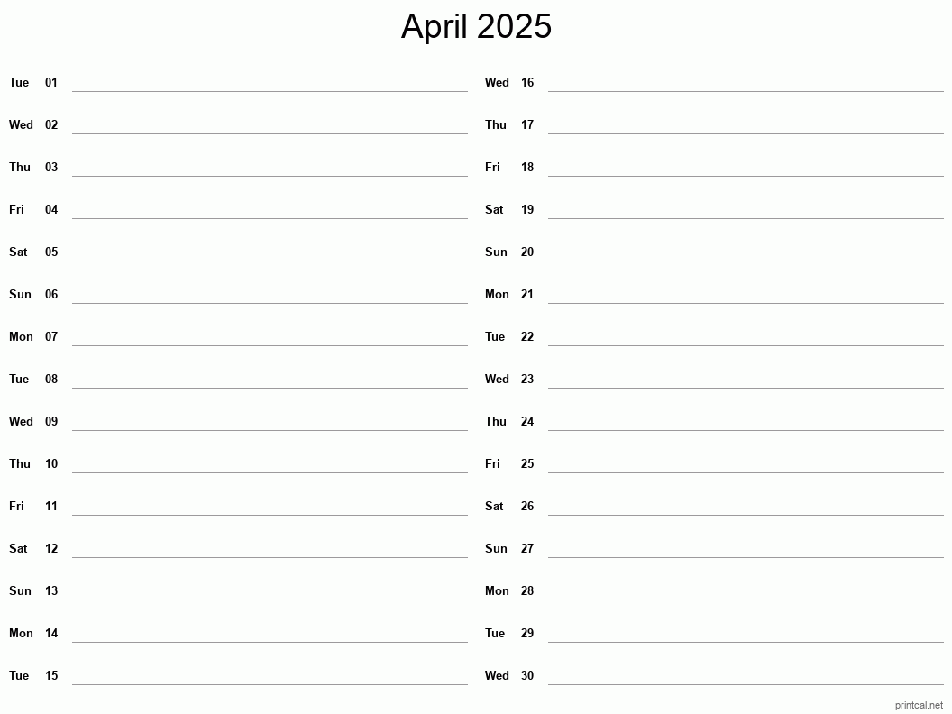 April 2025 Printable Calendar - Two Column Notesheet