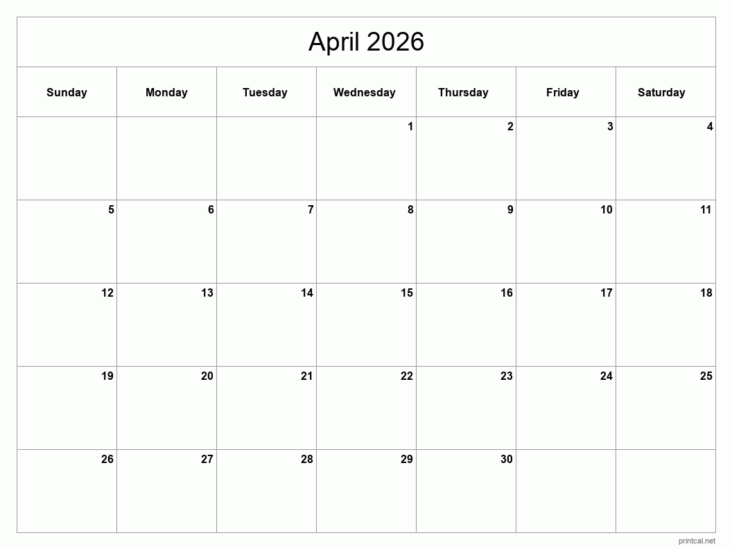 April 2026 Printable Calendar - Classic Blank Sheet