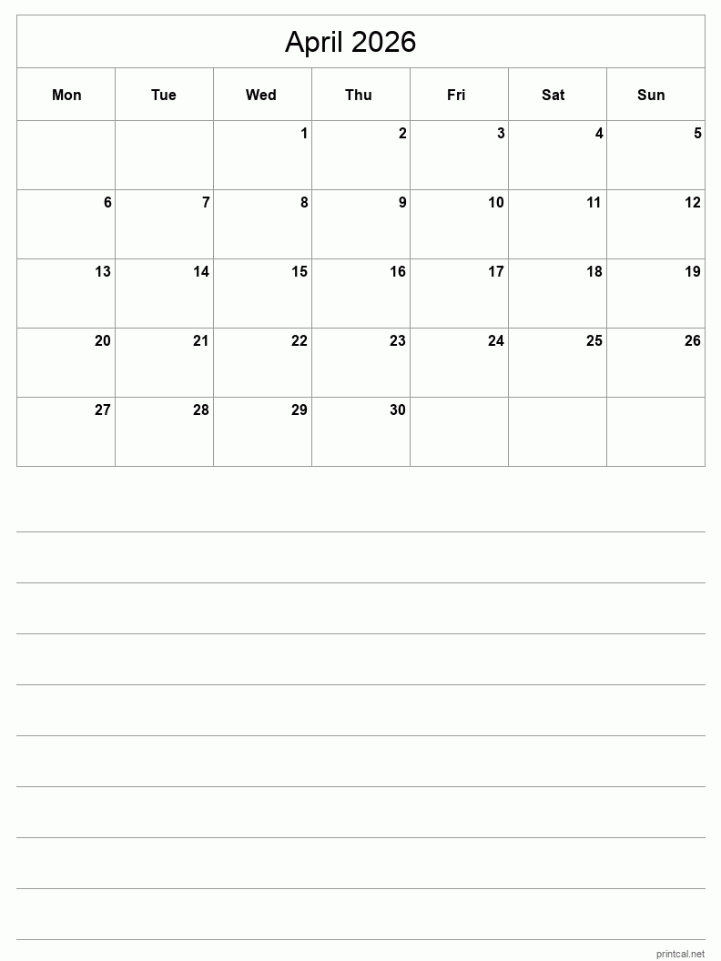 April 2026 Printable Calendar - Half-Page With Notesheet