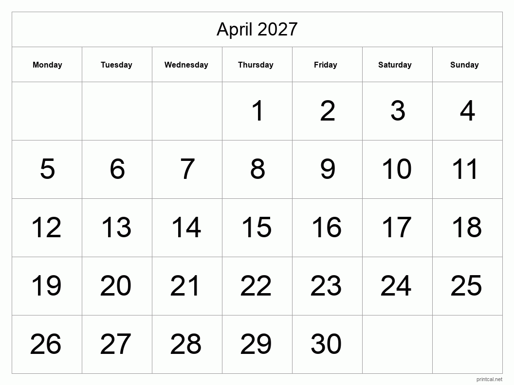 April 2027 Printable Calendar - Big Dates