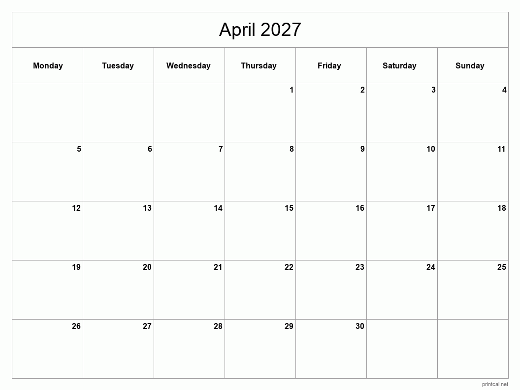 April 2027 Printable Calendar - Classic Blank Sheet