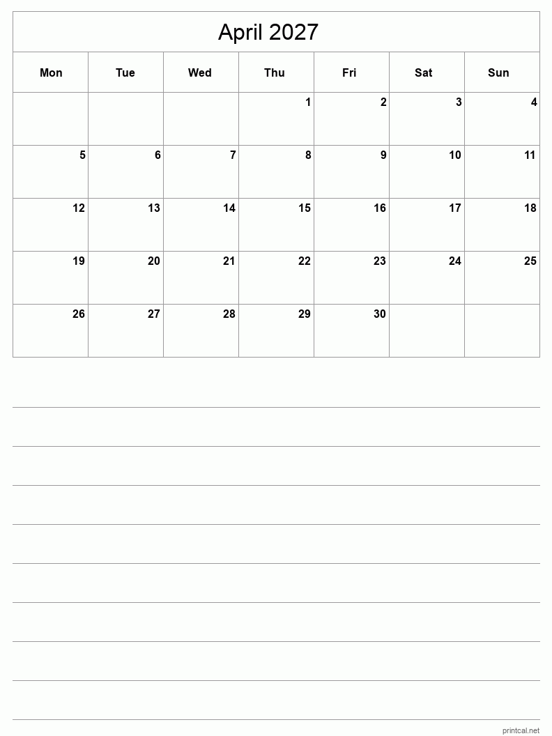April 2027 Printable Calendar - Half-Page With Notesheet