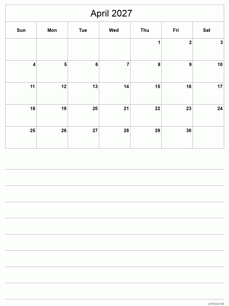 April 2027 Printable Calendar - Half-Page With Notesheet