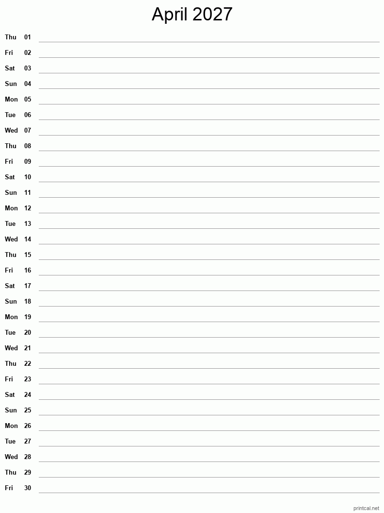 April 2027 Printable Calendar - Single Column Notesheet