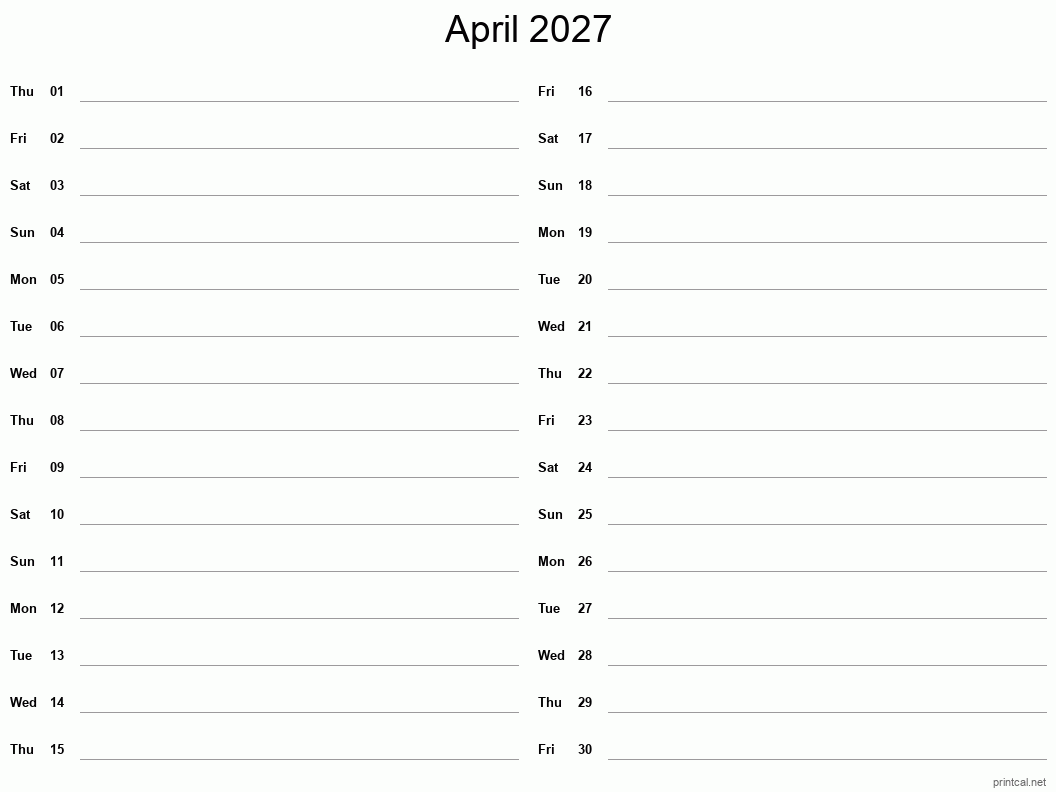 April 2027 Printable Calendar - Two Column Notesheet