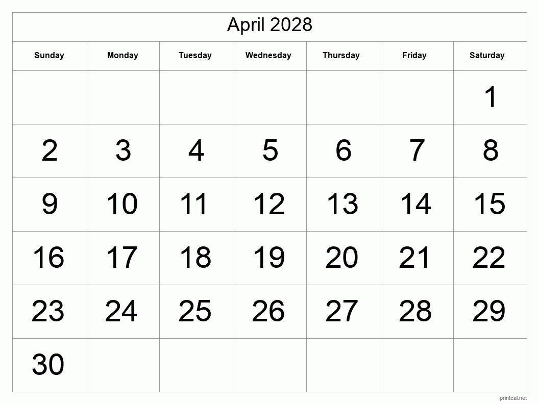 April 2028 Printable Calendar - Big Dates