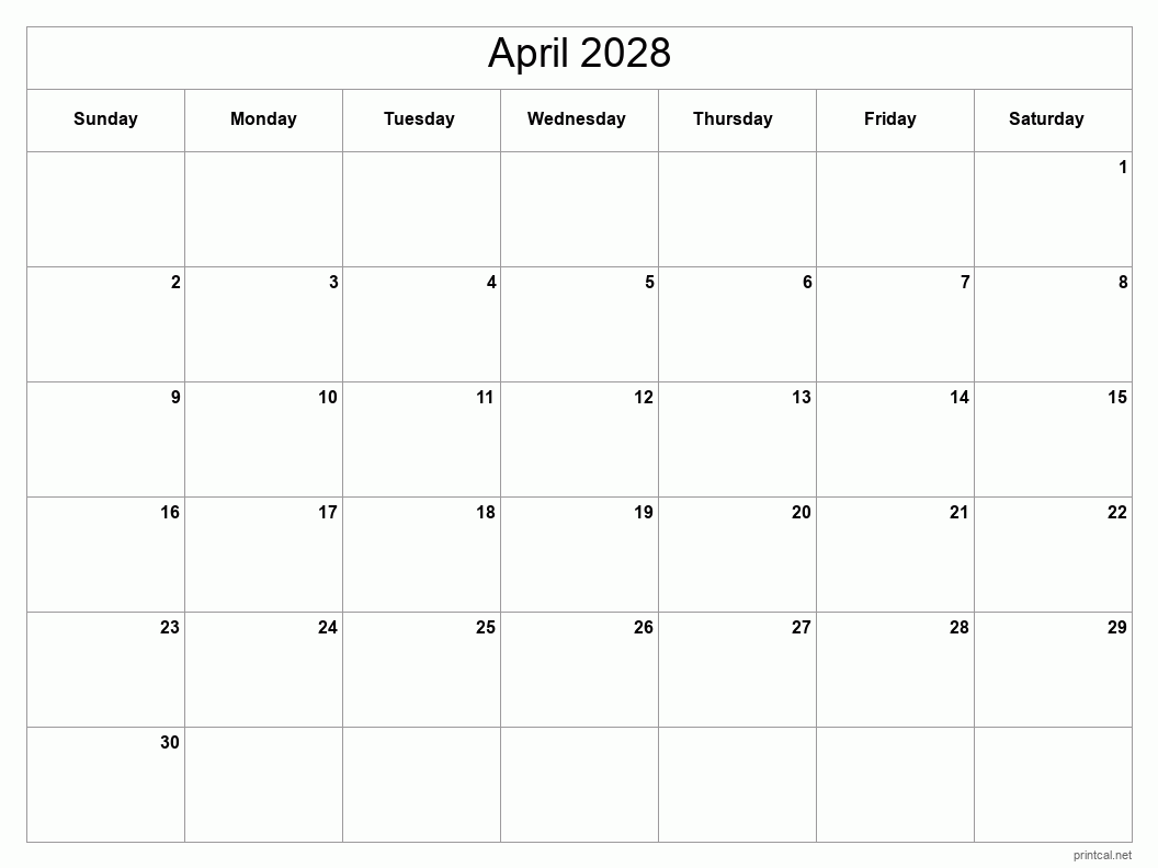 April 2028 Printable Calendar - Classic Blank Sheet