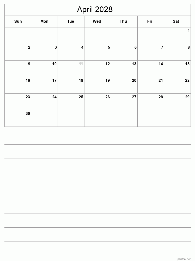 April 2028 Printable Calendar - Half-Page With Notesheet