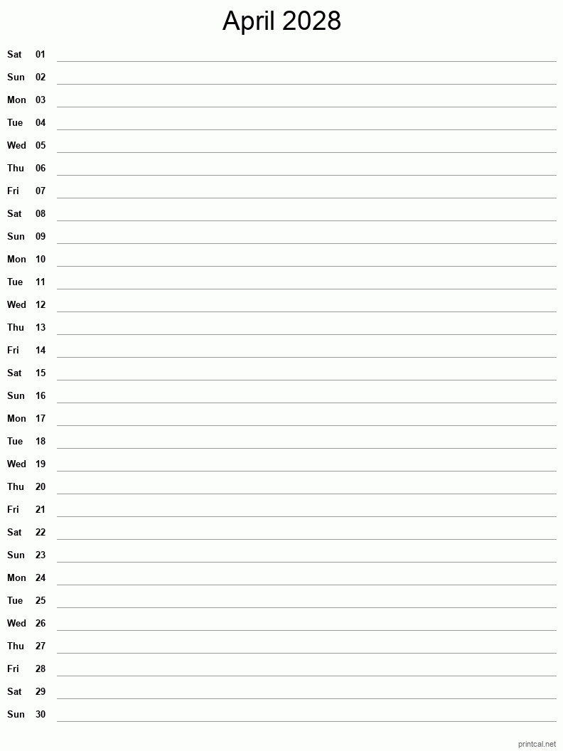 April 2028 Printable Calendar - Single Column Notesheet