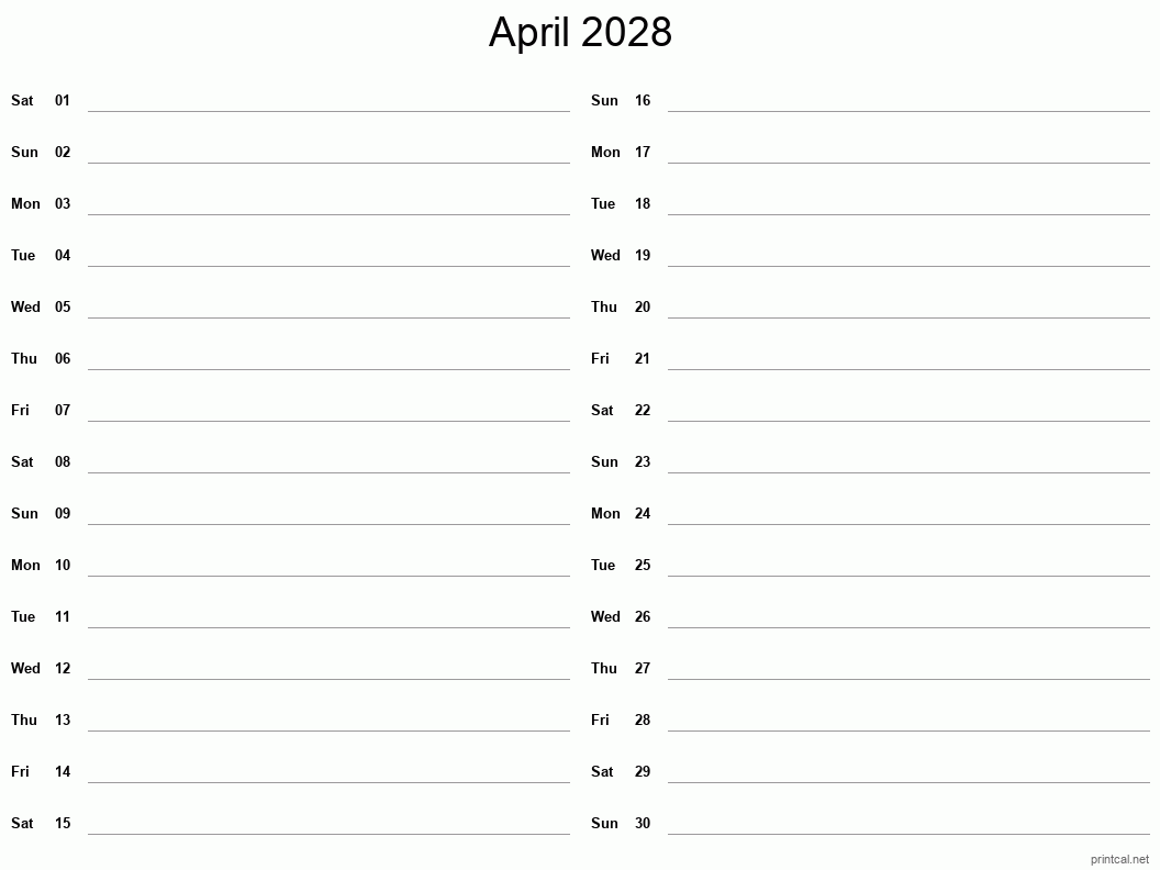 April 2028 Printable Calendar - Two Column Notesheet