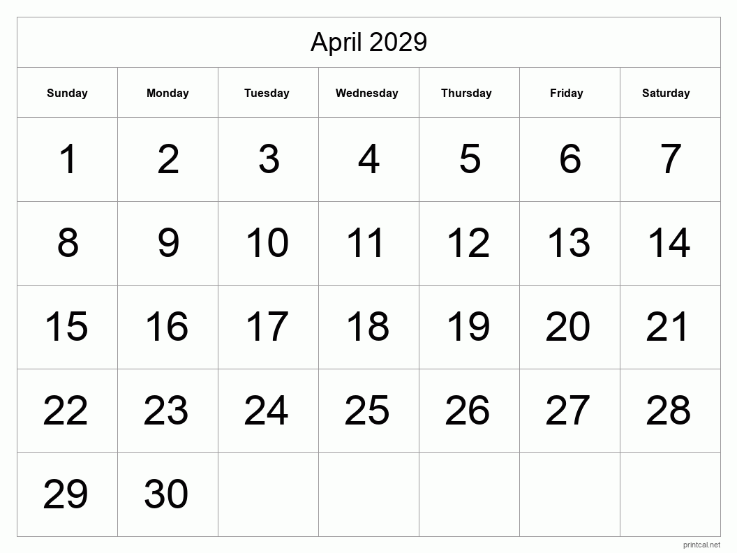 April 2029 Printable Calendar - Big Dates