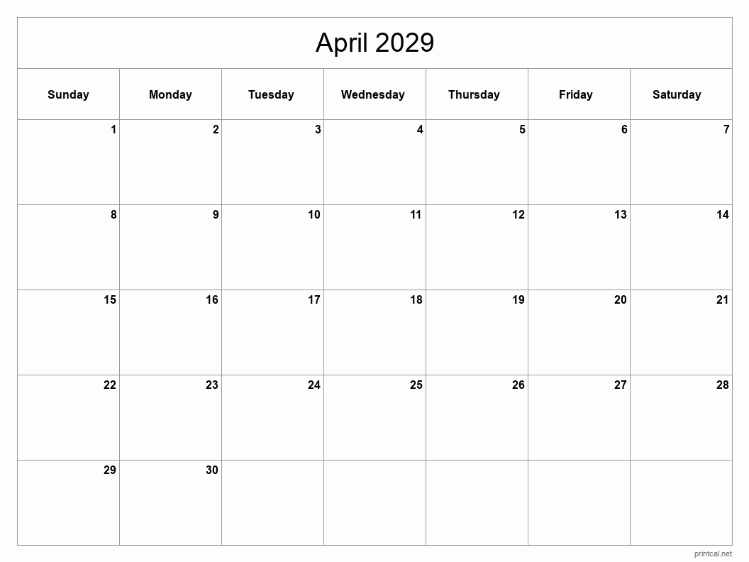 April 2029 Printable Calendar - Classic Blank Sheet