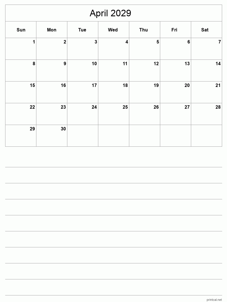 April 2029 Printable Calendar - Half-Page With Notesheet