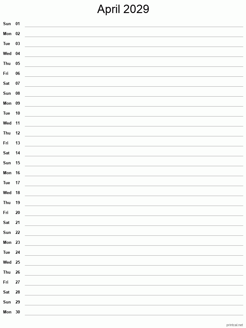 April 2029 Printable Calendar - Single Column Notesheet