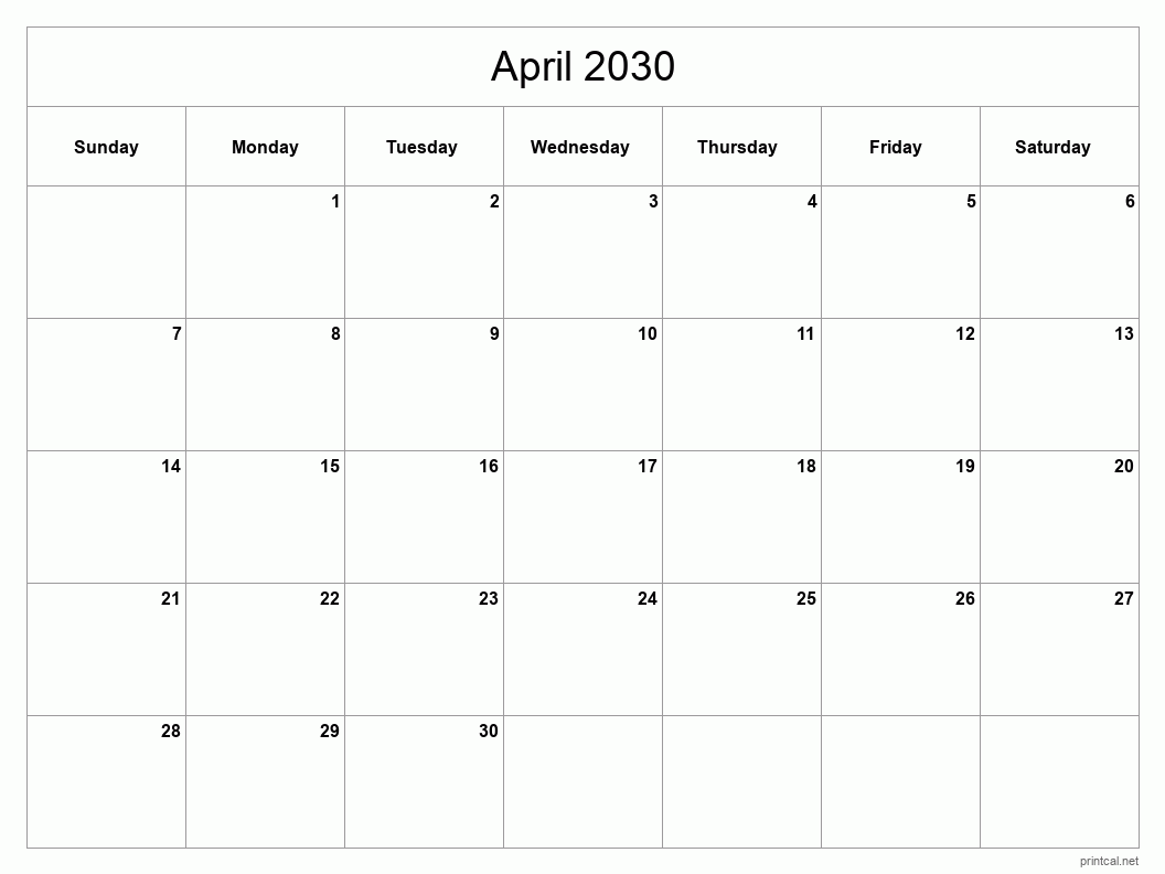 April 2030 Printable Calendar - Classic Blank Sheet