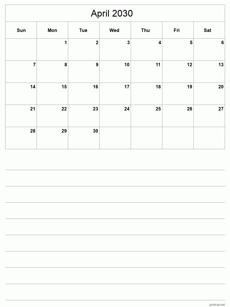 April 2030 Printable Calendar - Half-Page With Notesheet